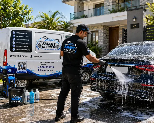 Smart Car Wash technician pressure-washing a car with the branded service van in Bhimavaram